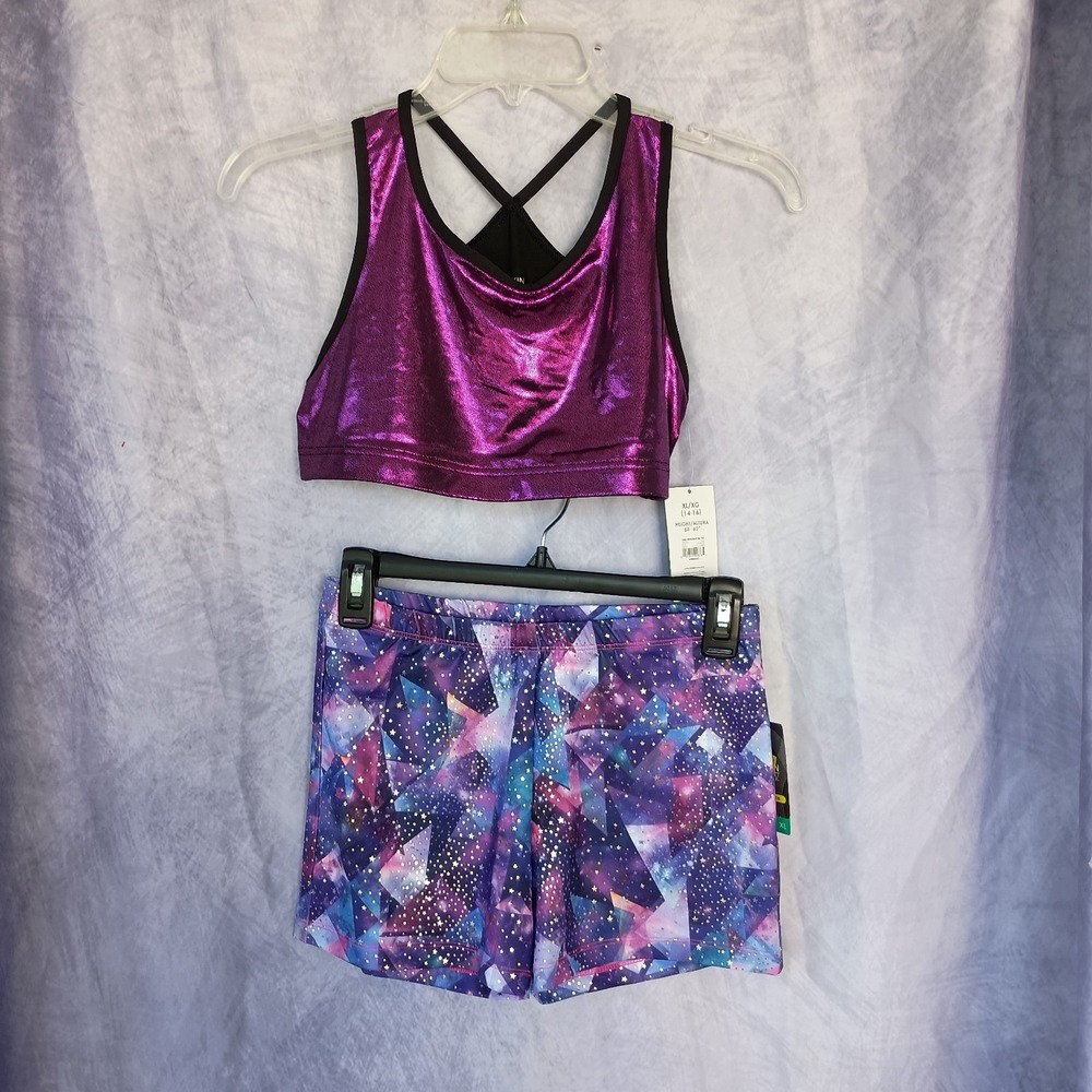 Danskin Now Girls Metallic Pink Criss Cross Back Sports Bra & Galaxy Shorts Set